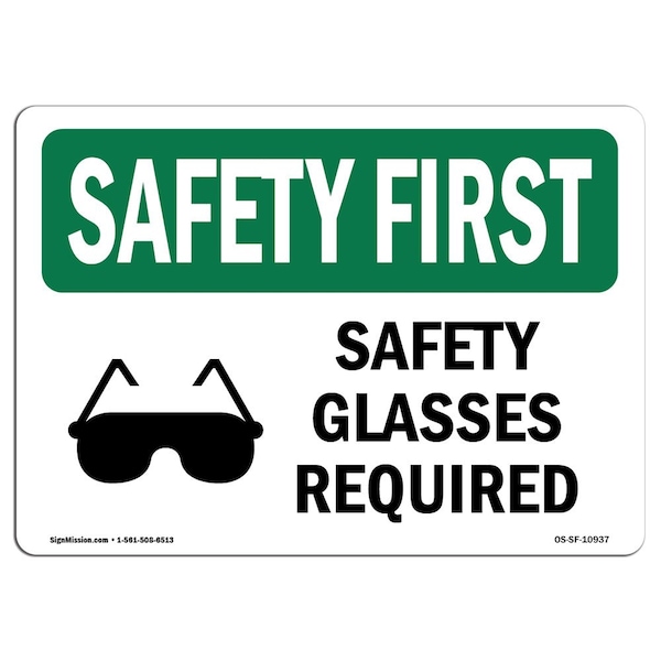 OSHA Sign, Glasses Required W/ Symbol, 18in X 12in Aluminum, 18" W, 12" H, Landscape